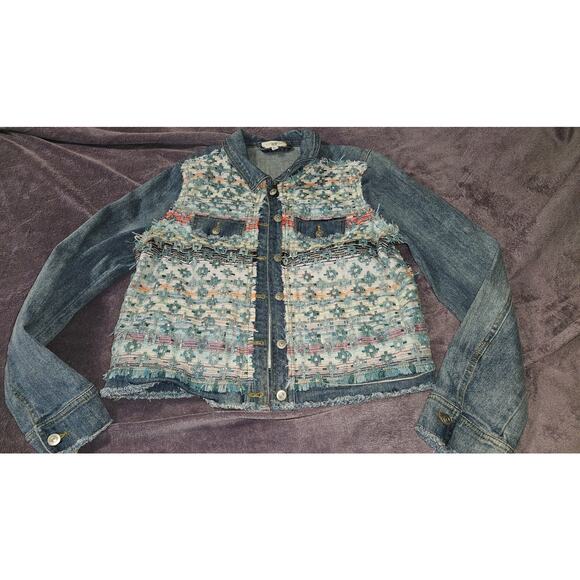 Ramy Brook Murray Denim Jacket,  Women's size Large Tweed Embellished Distressed - Picture 2 of 8
